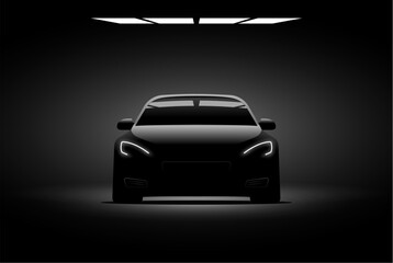 Car dark headlight garage background. Supercar light concept modern performance power silhouette in night vector car background.