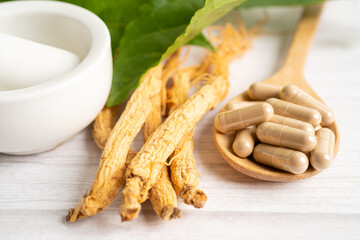 Ginseng, dried vegetable herb. Healthy food famous export food in Korea country.