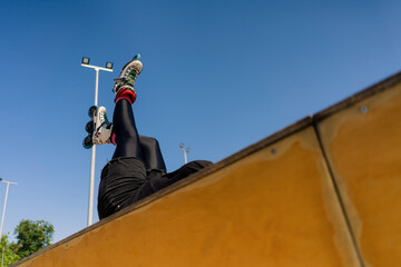 roller drome skate park roller skates on the background of the sky close-up of details street sport...