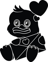Black and White Cartoon Illustration Vector of a Cartoon Baby Duck Duckling Holding a Love Letter