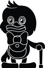 Black and White Cartoon Illustration Vector of a Cartoon Baby Duck Duckling Holding a Cane Wearing a Bowtie