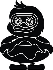 Black and White Cartoon Illustration Vector of a Cartoon Baby Duck Duckling in a Rubber Ring and Swimming Goggles