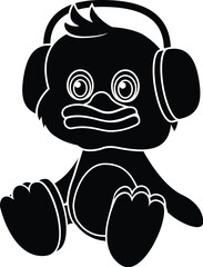 Black and White Cartoon Illustration Vector of a Cartoon Baby Duck Duckling Wearing Headphones