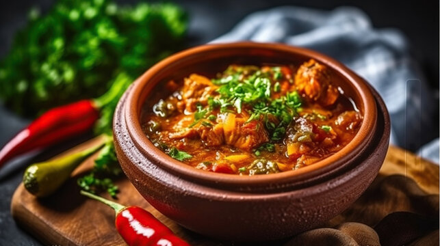 Ostri, a Traditional Delight Served in a Bowl on a Rustic Wooden Cutting Board. Generative AI