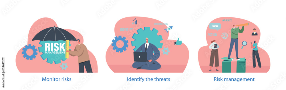 Poster isolated elements with characters perform risk management scenes. process of identifying, analyzing,