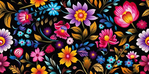 Fototapeta na wymiar Vibrant Mexican Floral Embroidery: A Tapestry of Cultural Heritage Mexican Embroidery Generative Ai Digital Illustration