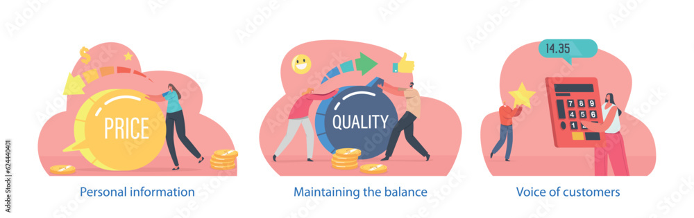 Poster isolated elements with characters perform price vs quality scenes. balance between the cost of a pro