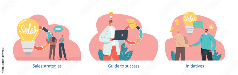 Poster isolated elements with character perform initiatives business scenes, proactive approach to launchin
