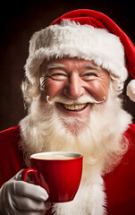 Happy and smiling Santa Claus drink a mug of cappuccino