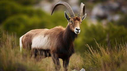 Wild mountain brown and black goat with long horns standing on grass. Generative AI