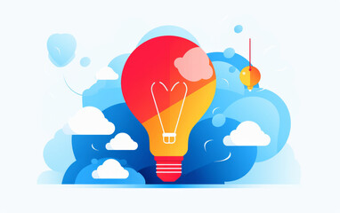 Flat illustration of a electric light bulb with clouds in background in red and blue colors , ideas or brainstorming illustration concept