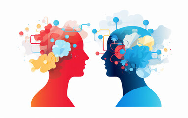 Flat design of two people facing each others with ideas in their heads , team working or brainstorming illustration concept