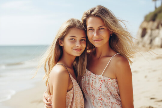 Woman and her teen child wearing summer clothes, standing on a sunny beach , Mother and daughter relationship concept