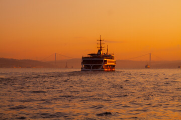 Awesome Panoramic view of Istanbul Bosphorus on sunset. Istanbul Bosphorus Bridge (15 July Martyrs Bridge. Turkish: 15 Temmuz Sehitler Koprusu). Beautiful landscape Turkey.