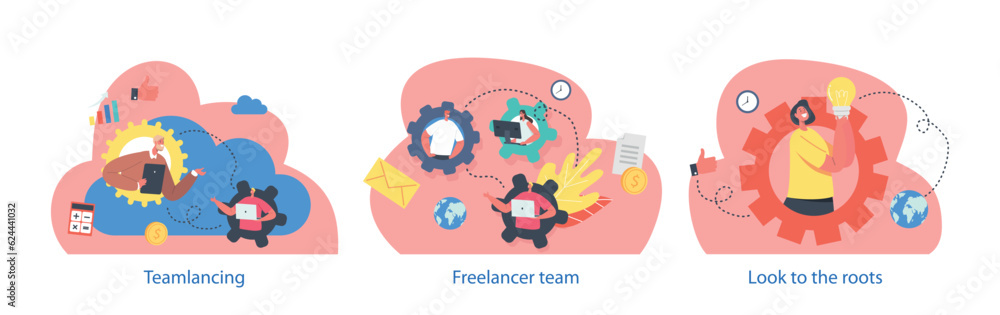 Poster isolated elements with characters perform remote teamwork involves collaborating and achieving goals