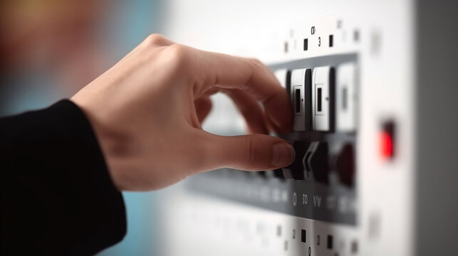 Electricity, energy and power consumption concept - close up of hand switching electric board at home. Generative AI