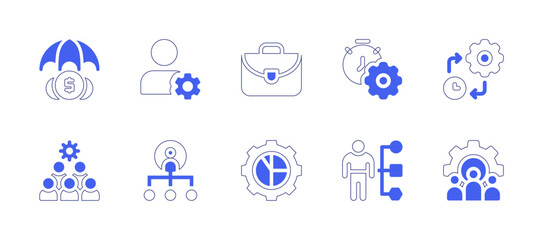 Business management icon set. Duotone style line stroke and bold. Vector illustration. Containing investment insurance, profile, briefcase, management, time management, team, manage, gear, assortment.
