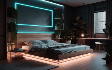 A minimalist bedroom adorned with neon lights. AI Generative