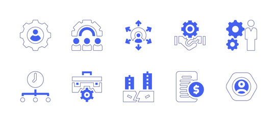 Business management icon set. Duotone style line stroke and bold. Vector illustration. Containing user profile, gear, outsourcing, crm, project manager, time, job, catastrophe, finance, management.