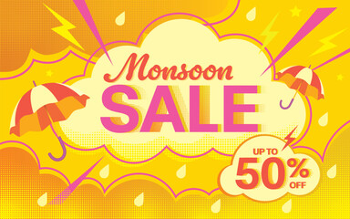 Monsoon season sale, comic concept design, vector illustration.