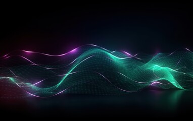 Fototapeta na wymiar abstract futuristic background with green purple glowing neon moving high speed wave lines. AI Generative