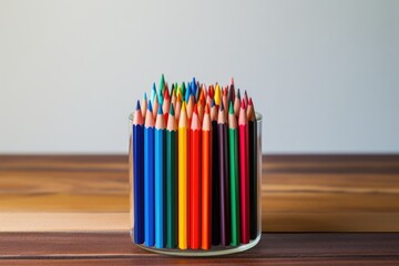 Fototapeta premium colored pencils on a wooden surface or table on a blurred background, Generative AI