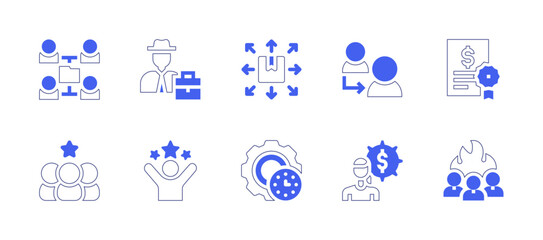 Business management icon set. Duotone style line stroke and bold. Vector illustration. Containing network, stock market, delivery, refer, contract, candidates, success, productivity, obligation.
