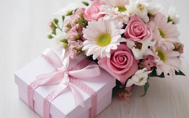 Beautiful bouquet of rose and chrysanthemums flowers and pink gift box. AI Generative
