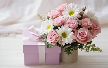 Beautiful bouquet of rose and chrysanthemums flowers and pink gift box. AI Generative