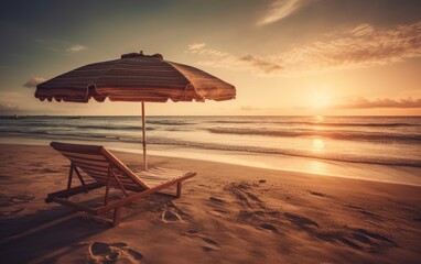Beautiful sunset beach, sun lounger, and umbrella on a sandy beach by the sea. AI Generative