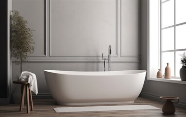 Fototapeta na wymiar Blank horizontal poster frame mock up in minimal style bath room interior. AI Generative