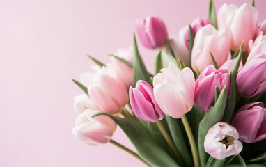 Fototapeta premium Bouquet of bright colorful tulips. Beautiful pastel pink floral background. AI Generative
