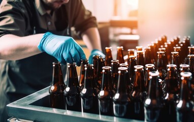 Fototapeta na wymiar Brewery production process. Worker checks and prepares glass brown bottles in plastic box. AI Generative