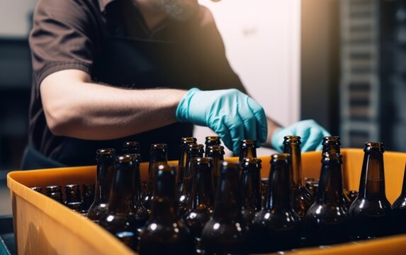 Brewery production process. Worker checks and prepares glass brown bottles in plastic box. AI Generative