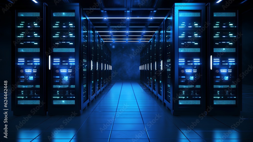 Aufkleber a high-tech data center, dark blue hues and glowing server lights. the pulsating life of data storag