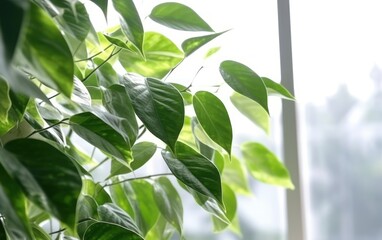 Fototapeta na wymiar Close-up leaves of green indoor plant on window background. AI Generative