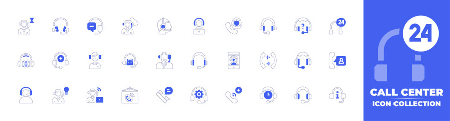 Call center icon collection. Duotone style line stroke and bold. Vector illustration. Containing customer service agent, headset, live chat, call center agent, online support, phone call, and more.