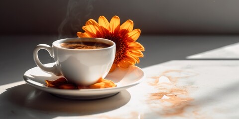 Naklejka na ściany i meble Coffee with Flower, with white light background, travel concept. Flat lay, top view, copy space. AI Generative