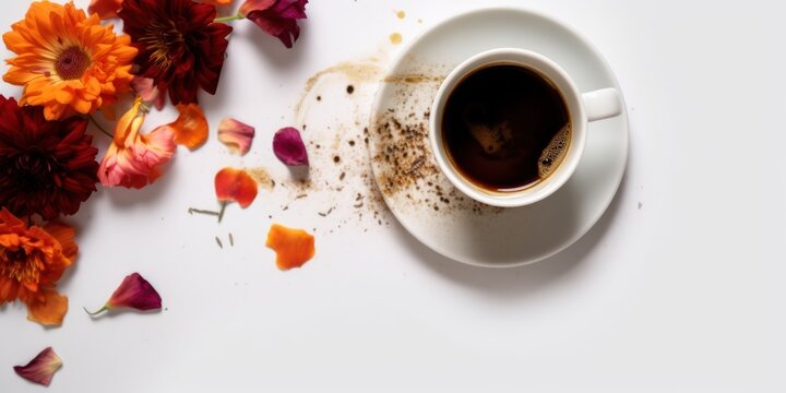 Coffee with Flower, with white light background, travel concept. Flat lay, top view, copy space. AI Generative