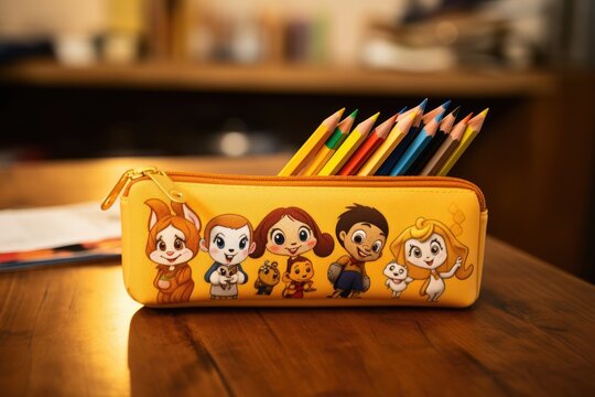 school pencil case on a wooden table on a blurred background, Generative AI