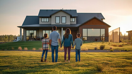 Young family looking at their new home standing with their backs, real estate purchase, Generative AI - Powered by Adobe