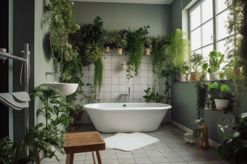 Fototapeta na wymiar Bright bathroom with subway tile and a variety of green plants of deep forest style, generative AI