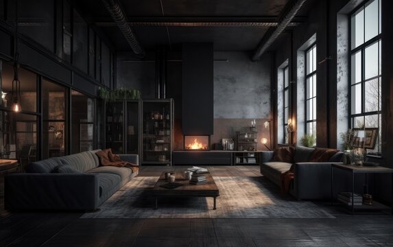 Dark living room loft with fireplace, industrial style. AI Generative