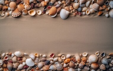 Fototapeta na wymiar frame of seashells on the beach. AI Generative