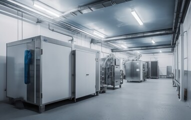 Freezing equipment in factory. Refrigerated container. Industrial freezing warehouse. AI Generative