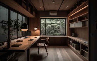 Home Office Japanese Minimal Design. AI Generative