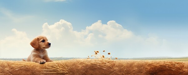Banner with free copy space for text - cute little doggy on the field with sky background.
