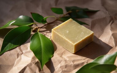 Handmade soap and green leaves on paper background. Concept of natural organic spa cosmetics. AI Generative