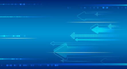 Vector technology design for banner or presentation. Data transfer, Internet communications. Blue background consisting of horizontal stripes of arrows, square particles, and light blue lines.