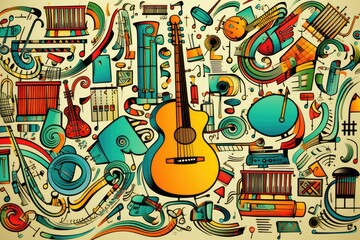 back to school doodles on music theme on white background, Generative AI